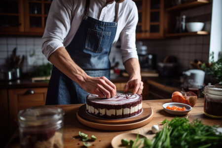 man layering a raw, vegan cheesecake in the kitchenの素材