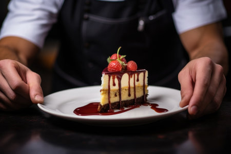 man serving a slice of cheesecakeの素材
