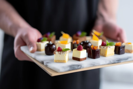hands carrying a tray of mini cheesecake bitesの素材