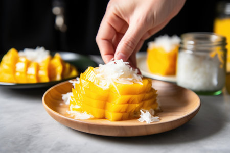slicing mango to garnish coconut chia puddingの素材