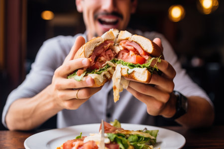 man biting into a chicken club sandwichの素材