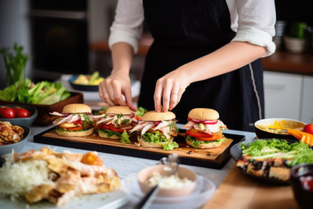 woman finishing up making chicken club sandwiches for partyの素材