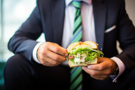 businessman with a chicken pesto sandwich at lunch breakの素材