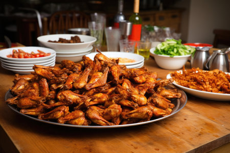 heap of chicken wings served on a table at a partyの素材
