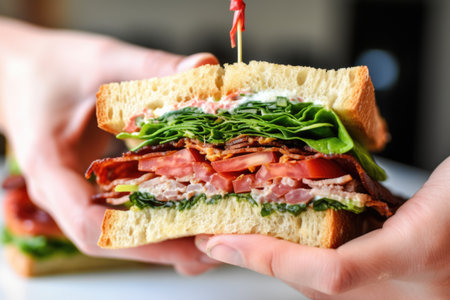 a close-up image of a hand reaching for a blt sandwichの素材