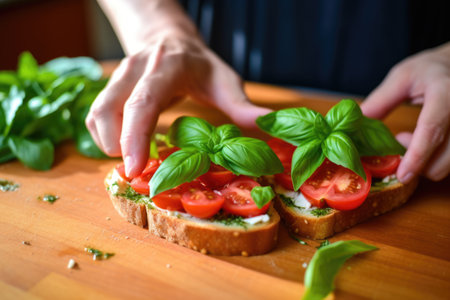 hands placing fresh basil leaves on tomato-covered toastの素材