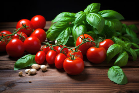 fresh tomatoes and basil scattered on a wooden tableの素材