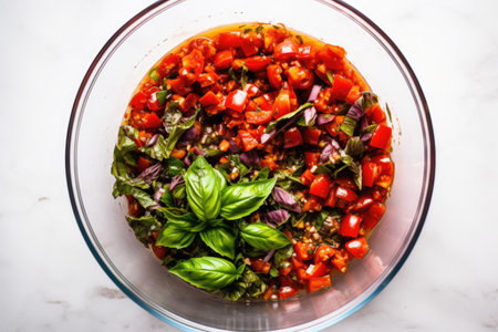 chopped tomatoes, basil, and olive oil in mixing bowlの素材