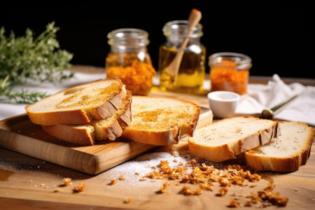 toasted bread with ingredients lined up behind itの素材