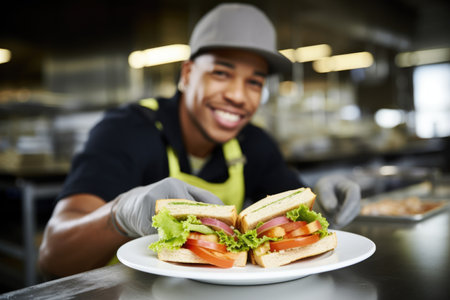 worker taking a lunch break with a clubhouse sandwichの素材