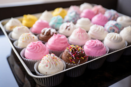 box of assorted cupcakes being unwrappedの素材