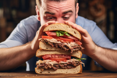 man biting into a stacked roast beef sandwichの素材