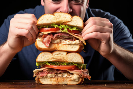 man biting into a stacked roast beef sandwichの素材