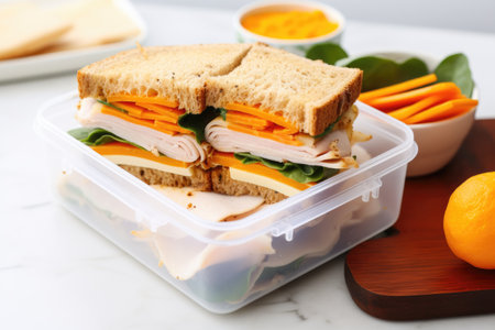 turkey and cheese sandwich in a lunch boxの素材
