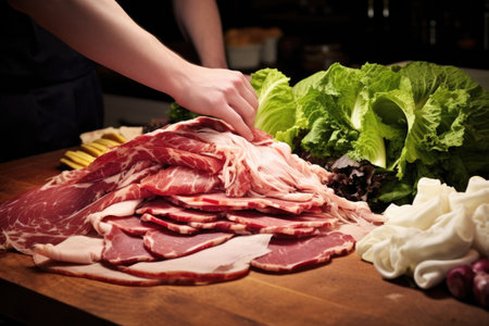 placing lettuce on a pile of delicatessen meatsの素材