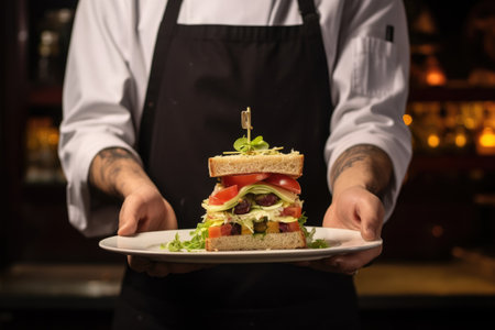 chef presenting a club sandwich garnished with olivesの素材