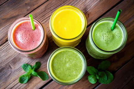 overhead view of three detox smoothies in glasses on a wooden tableの素材
