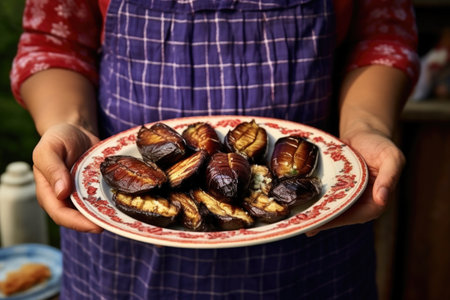 woman offering a plate of freshly grilled eggplants to the cameraの素材