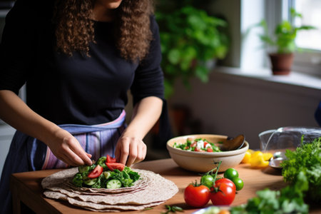 woman preparing a falafel sandwich at homeの素材