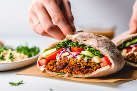 person adding sauce to a falafel sandwichの素材