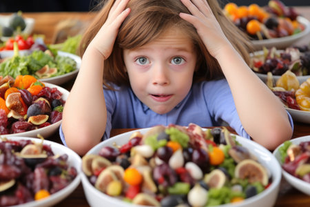 a child confused by colorful fig and walnut saladの素材