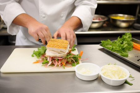chef assembling ingredients to make a fish sandwichの素材