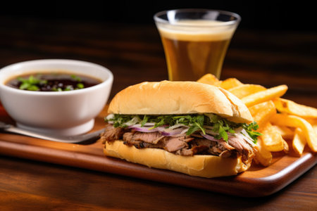 french dip sandwich served with a refreshing drinkの素材