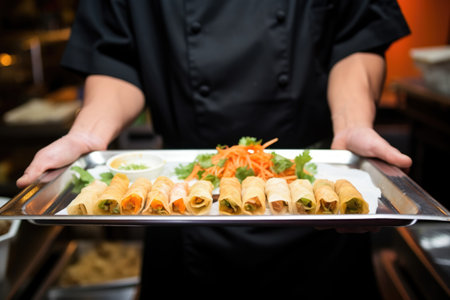 cook displaying tray of freshly made spring rollsの素材