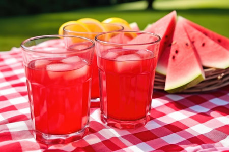 watermelon slices and a glass of juice on a summer picnic blanketの素材