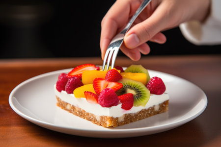 person with fork into fruit tartの素材