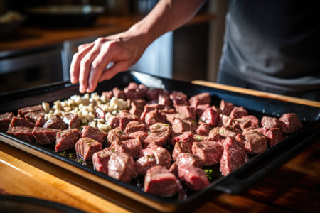 home cook preparing garlic steak tips for bbqの素材