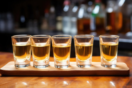 sacrament of five ginger shots on a bar counterの素材