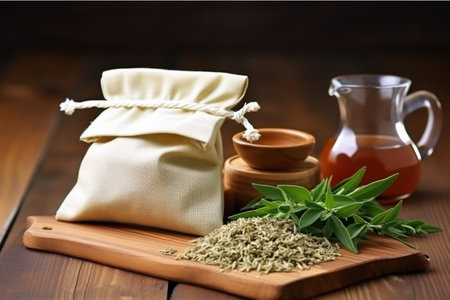 bag with green tea leaves spilling onto wooden tableの素材
