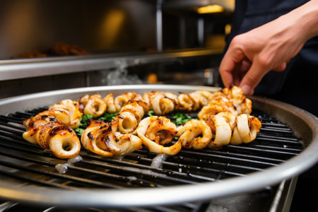 grilled calamari rings being plated in a commercial kitchenの素材