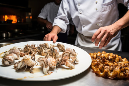 chefs discussing over a dish with grilled calamari ringsの素材