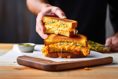 hand holding a grilled cheese sandwich over a tableの素材