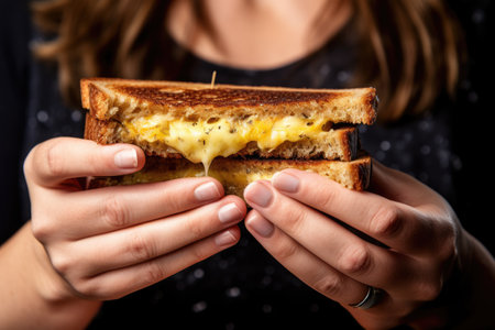 woman a grilled cheese sandwich in halfの素材