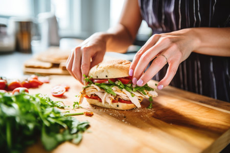woman building a grilled chicken sandwichの素材