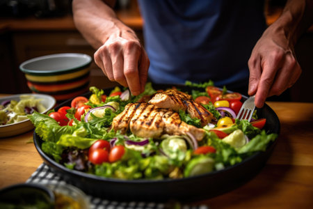 man placing grilled chicken pieces on a saladの素材