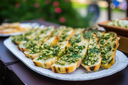 platter of freshly grilled garlic bread at garden partyの素材