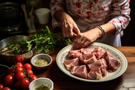 woman marinating lamb chops on a ceramic plateの素材
