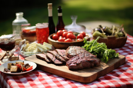 picnic setup with grilled lamb chops as the main courseの素材