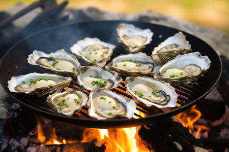 grilled oysters with garlic sauce at a beach picnicの素材