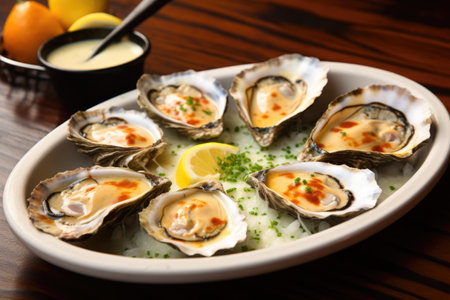 grilled oysters with garlic sauce at a restaurantの素材