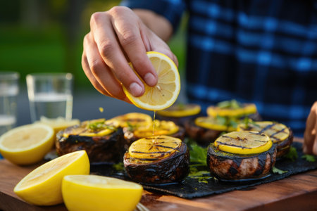 a person squeezing lemon over grilled portobello mushroomsの素材