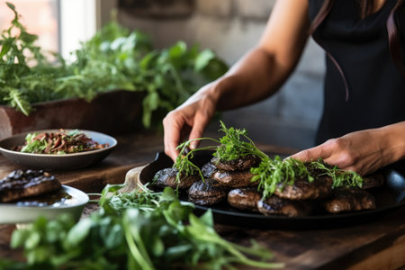 a woman plating grilled portobello mushrooms and herbsの素材