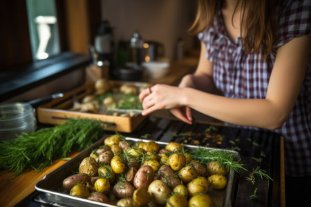 young student prepping grilled potatoes with rosemary in rental flatの素材
