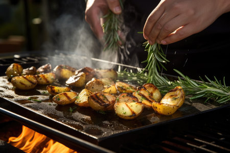chef tossing grilled potatoes with rosemaryの素材