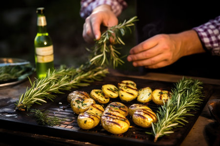 man flavoring grilled potatoes with sprig of rosemaryの素材