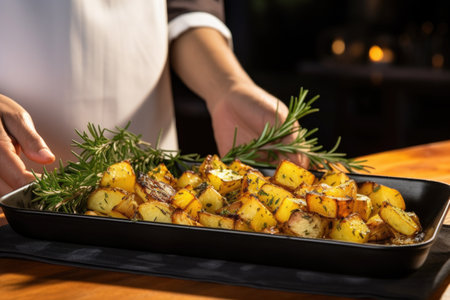 professional chef presenting grilled potatoes with rosemaryの素材